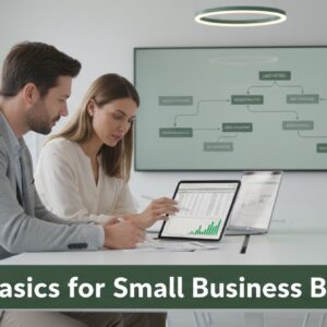 Two professionals reviewing financial data in a clean office setting, illustrating LBO financing and small-business acquisition analysis.