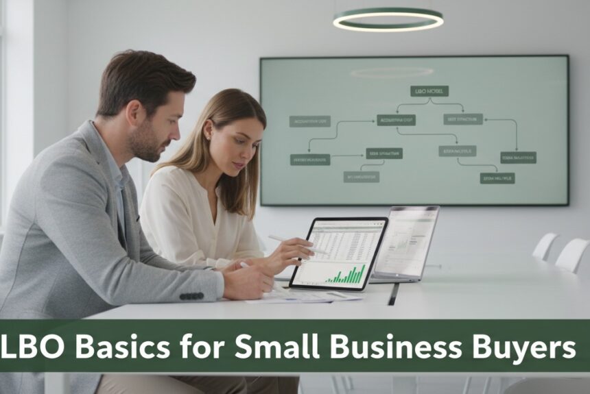 LBO Financing Analysis for Small Business Buyers Two professionals reviewing financial data in a clean office setting, illustrating LBO financing and small-business acquisition analysis.