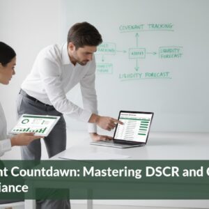 Finance professionals analyzing DSCR and Current Ratio compliance in a modern office