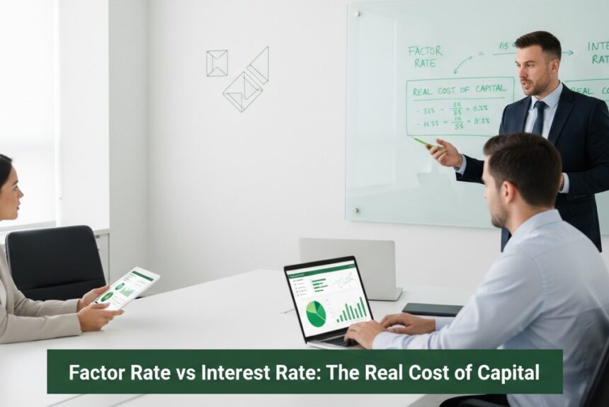 Finance professionals analyzing factor rate versus interest rate to assess the real cost of business capital