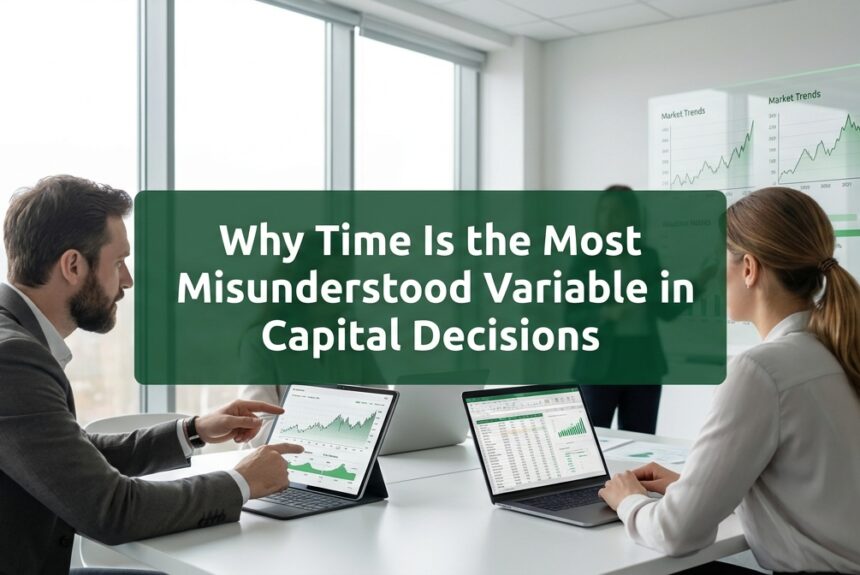 Executives analyzing financial data with emphasis on timing and long-term capital strategy