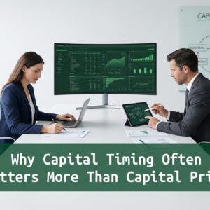 Executives reviewing capital timing and financing strategy during a financial analysis session