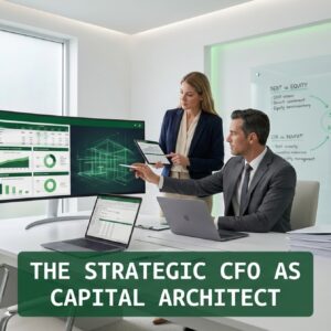 Strategic CFOs analyzing capital architecture and liquidity systems in a modern finance office Caption: