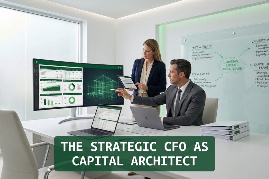 Strategic CFOs analyzing capital architecture and liquidity systems in a modern finance office Caption: