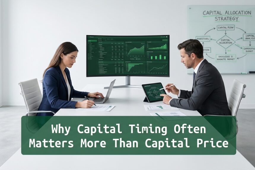Executives reviewing capital timing and financing strategy during a financial analysis session