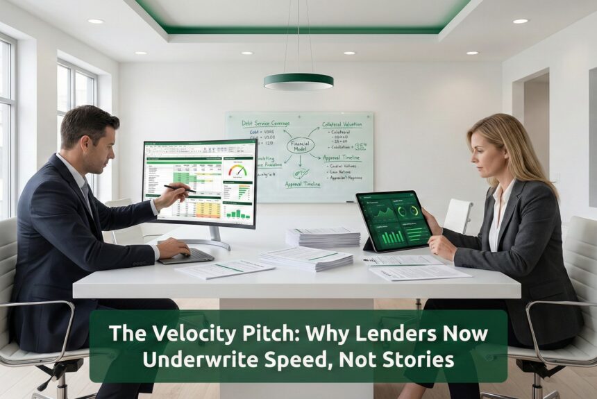 Finance executives reviewing lender data illustrating how underwriting now prioritizes execution speed over narrative