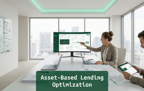 Finance executives analyzing asset-based lending facility structure in a modern office setting