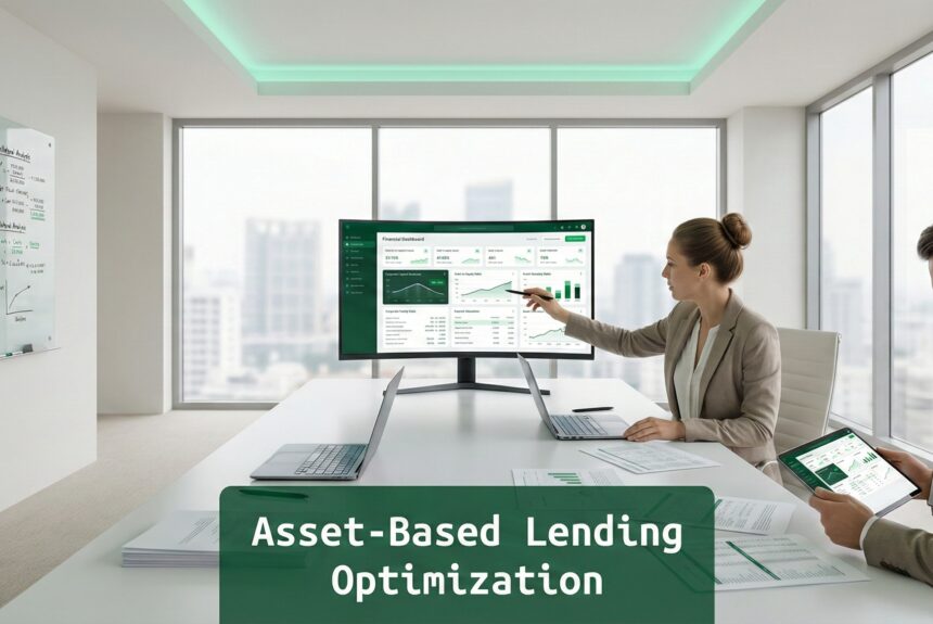 Finance executives analyzing asset-based lending facility structure in a modern office setting