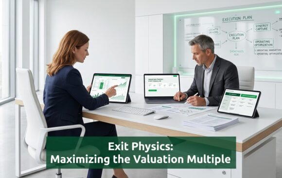 Executive finance team analyzing valuation multiple and exit strategy in a modern minimalist office