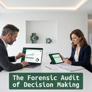 Executives conducting structured financial analysis in a minimalist office environment