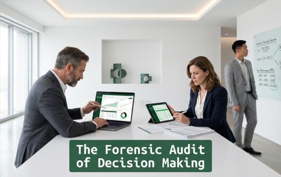 Executives conducting structured financial analysis in a minimalist office environment