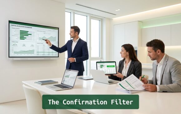 Executives reviewing financial data and capital allocation models in a modern minimalist office