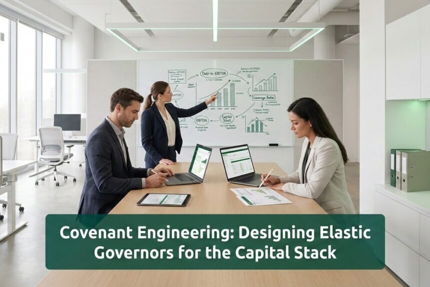 Executives analyzing debt covenants and capital structure in a modern office setting