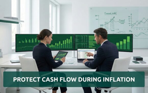 Small business owners reviewing financial reports to protect cash flow during inflation