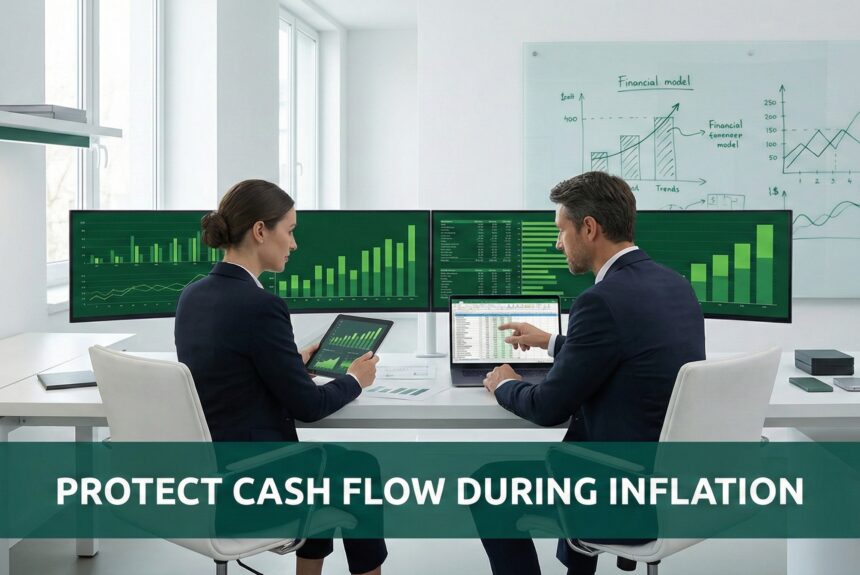 Small business owners reviewing financial reports to protect cash flow during inflation