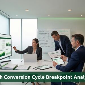 Executive finance team analyzing cash conversion cycle and working capital stress in a modern minimalist office