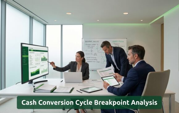 Executive finance team analyzing cash conversion cycle and working capital stress in a modern minimalist office