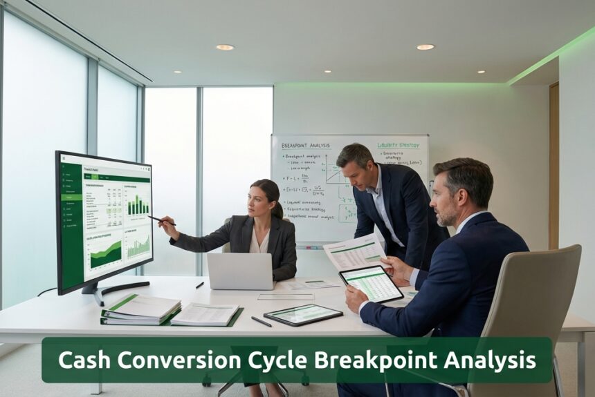 Executive finance team analyzing cash conversion cycle and working capital stress in a modern minimalist office