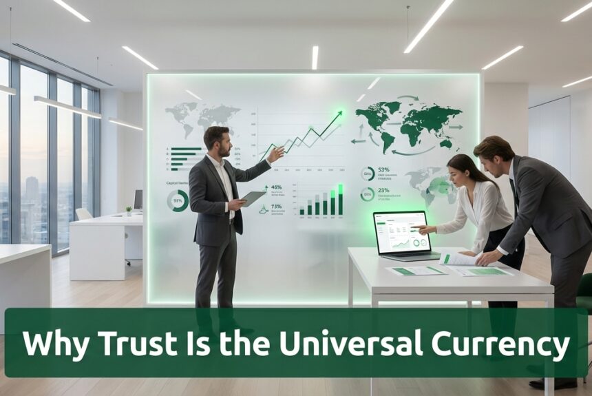 Professionals analyzing financial data in a modern office representing trust and capital flow in the U.S. economy