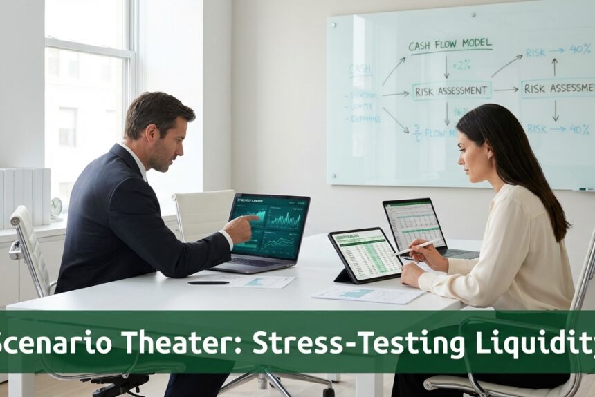 Executives analyzing liquidity stress scenarios in a high-friction economic environment