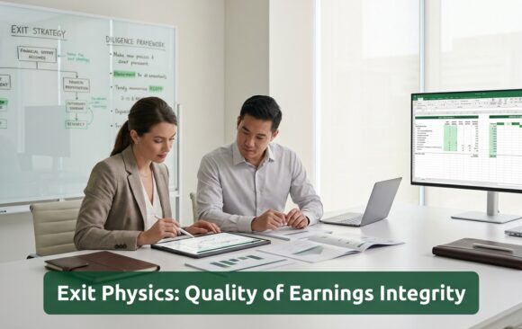 Institutional finance executives conducting exit planning and quality of earnings analysis in a modern office
