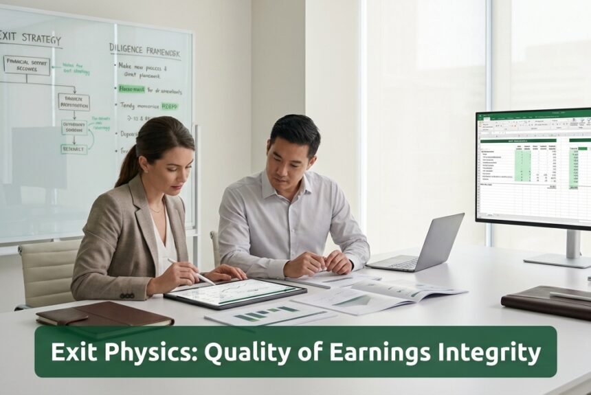 Institutional finance executives conducting exit planning and quality of earnings analysis in a modern office