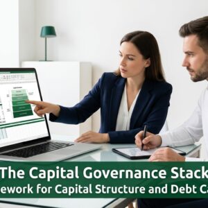 Finance professionals analyzing capital structure and debt capacity in a modern office setting representing the Capital Governance Stack
