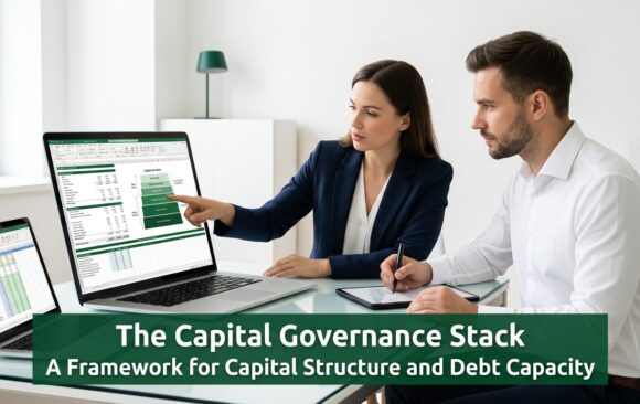 Finance professionals analyzing capital structure and debt capacity in a modern office setting representing the Capital Governance Stack