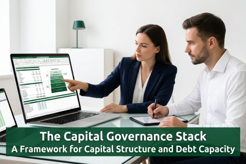 Finance professionals analyzing capital structure and debt capacity in a modern office setting representing the Capital Governance Stack