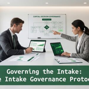 Executives conducting forensic financial analysis in a modern minimalist office discussing capital decision governance