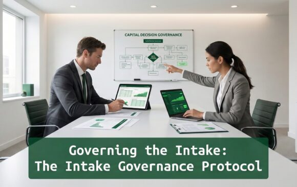 Executives conducting forensic financial analysis in a modern minimalist office discussing capital decision governance