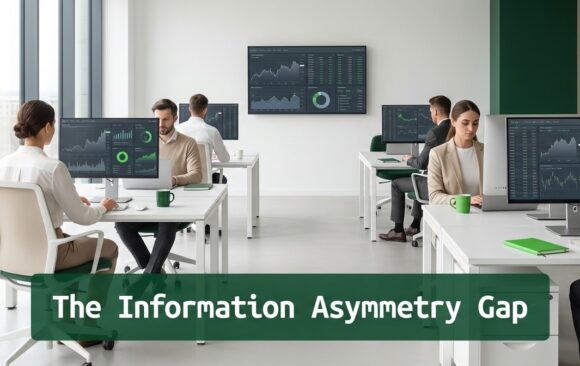 Executives analyzing financial data representing information asymmetry in capital decision-making