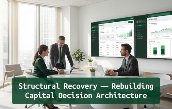 Finance executives reviewing governance architecture and capital decision frameworks during strategic analysis.