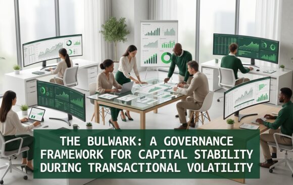 Executives analyzing financial data representing governance stability during market volatility