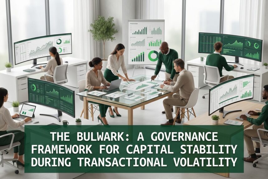 Executives analyzing financial data representing governance stability during market volatility