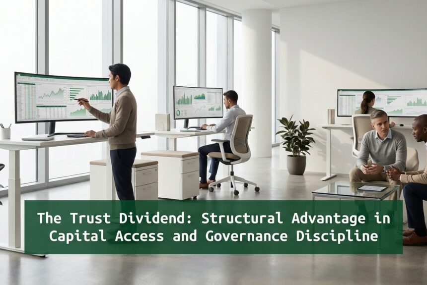 Finance executives analyzing capital strategy illustrating governance discipline and Trust Dividend advantage