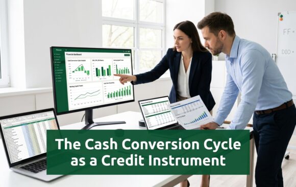 Professionals analyzing cash conversion cycle and working capital metrics in a modern finance office