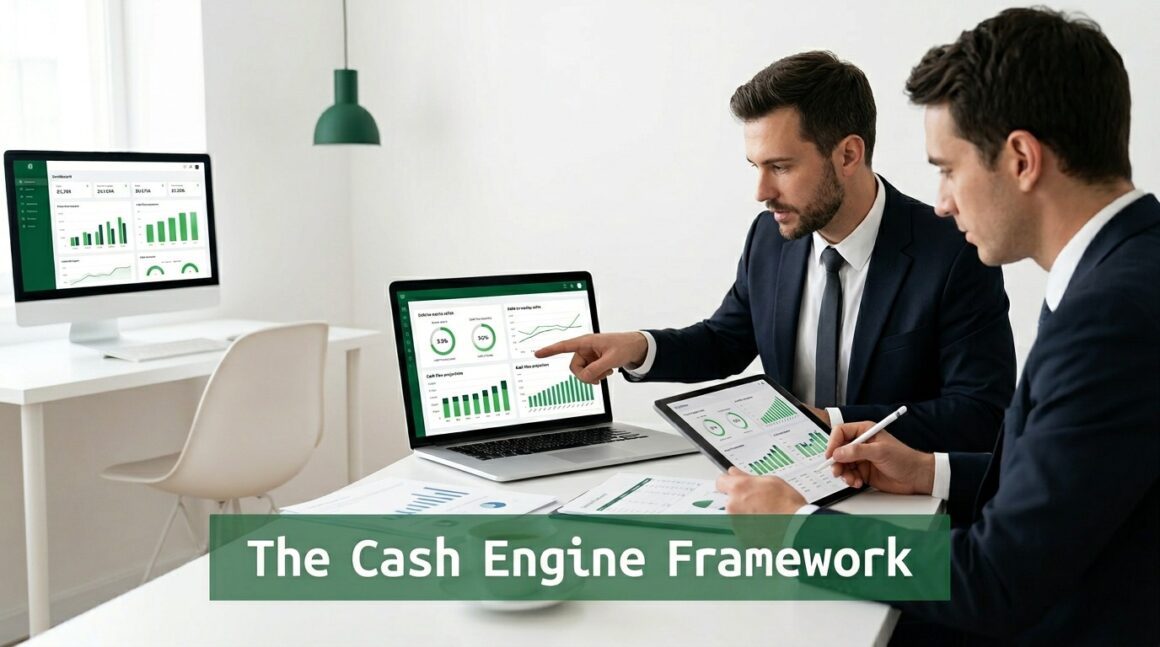 Executives reviewing financial data in a modern office representing capital structure and cash flow analysis