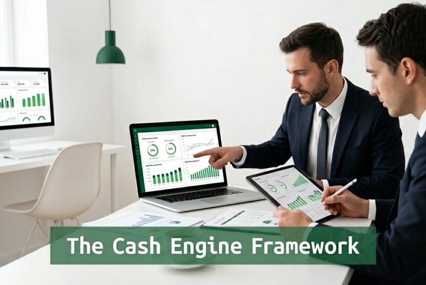 Executives reviewing financial data in a modern office representing capital structure and cash flow analysis