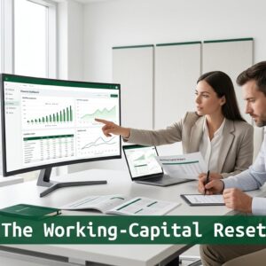 Professionals analyzing working capital and financial restructuring models in a modern office environment