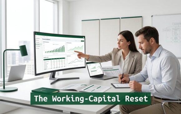 Professionals analyzing working capital and financial restructuring models in a modern office environment