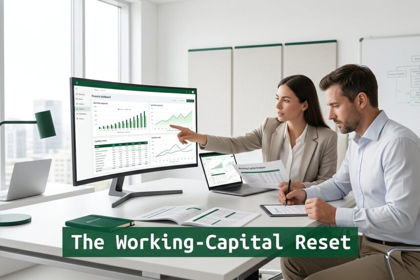 Professionals analyzing working capital and financial restructuring models in a modern office environment