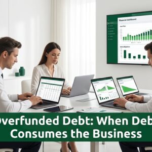 Executives analyzing financial data showing debt service pressure and declining liquidity runway in a corporate finance setting