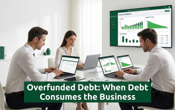 Executives analyzing financial data showing debt service pressure and declining liquidity runway in a corporate finance setting
