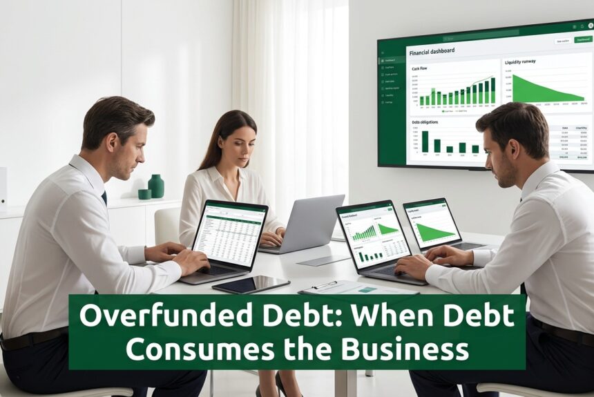 Executives analyzing financial data showing debt service pressure and declining liquidity runway in a corporate finance setting