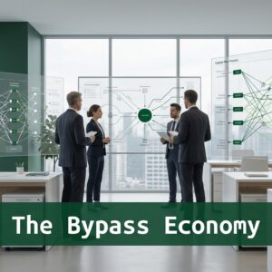 Finance executives analyzing capital transaction networks illustrating the Bypass Economy and the impact of declining institutional trust on financial systems.