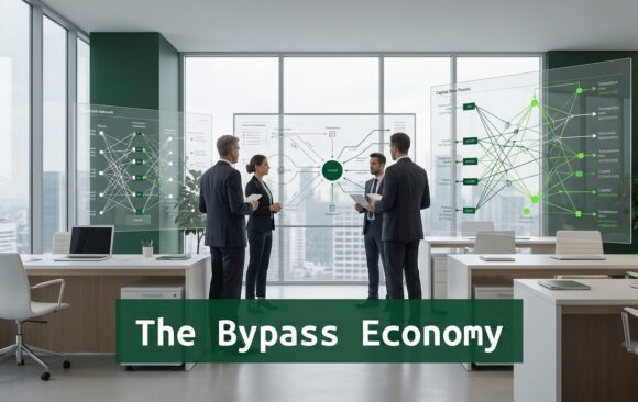 Finance executives analyzing capital transaction networks illustrating the Bypass Economy and the impact of declining institutional trust on financial systems.