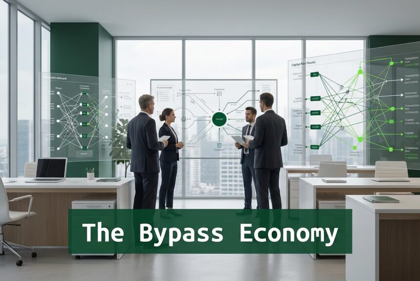 Finance executives analyzing capital transaction networks illustrating the Bypass Economy and the impact of declining institutional trust on financial systems.