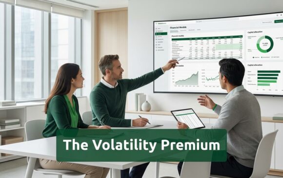 Finance executives analyzing volatility premium and capital allocation risk in a modern corporate strategy meeting