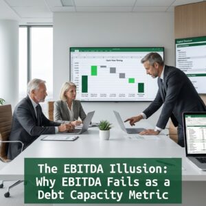 Executive finance team analyzing cash flow and debt capacity metrics in a modern office environment